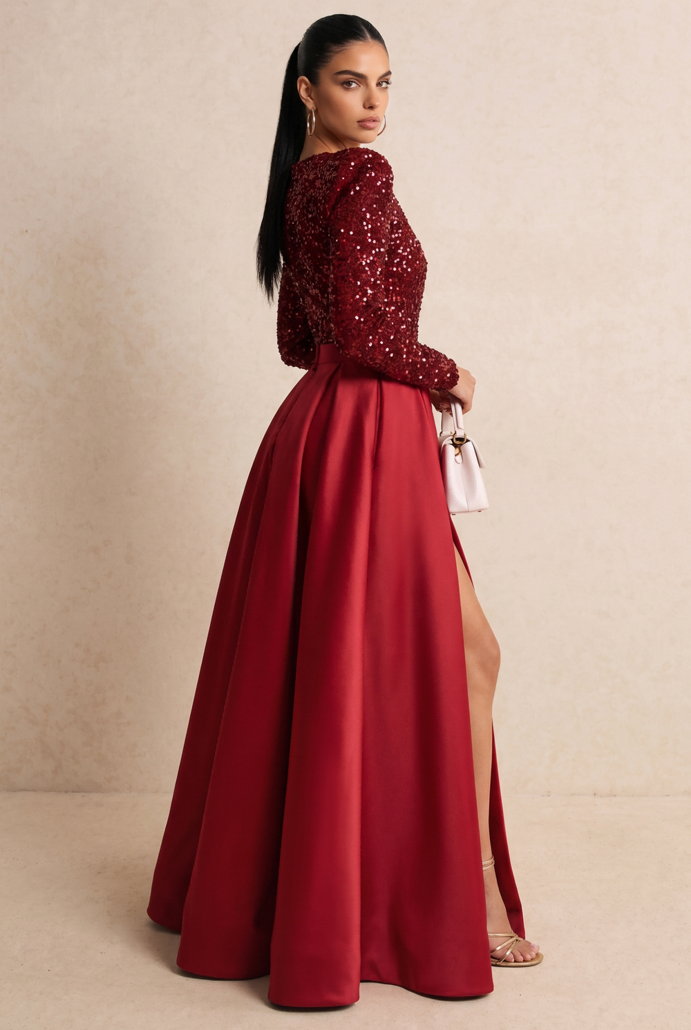 SOLACESequin Bodice Satin Split Long Sleeve Evening Dress