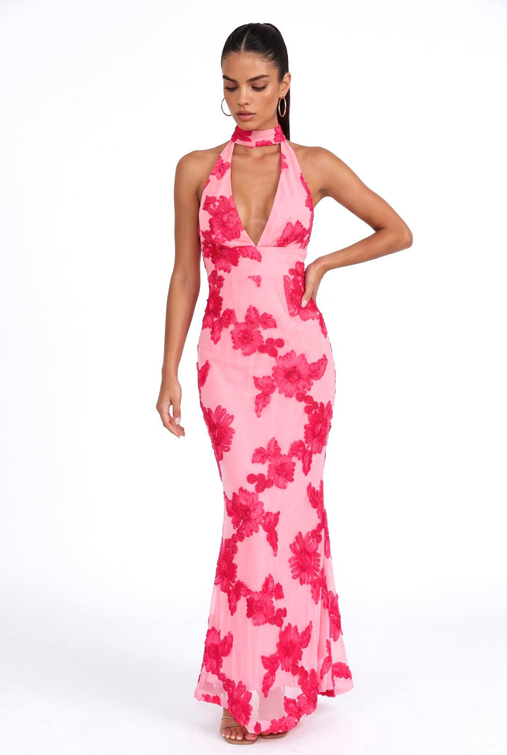 SOLACEElegant Floral Embroidered Halter Neck Bodycon Maxi Dress