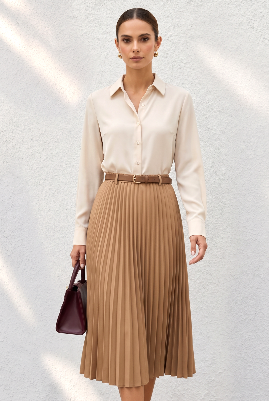 Solid Color Button Blouse A-line Pleated  Dress