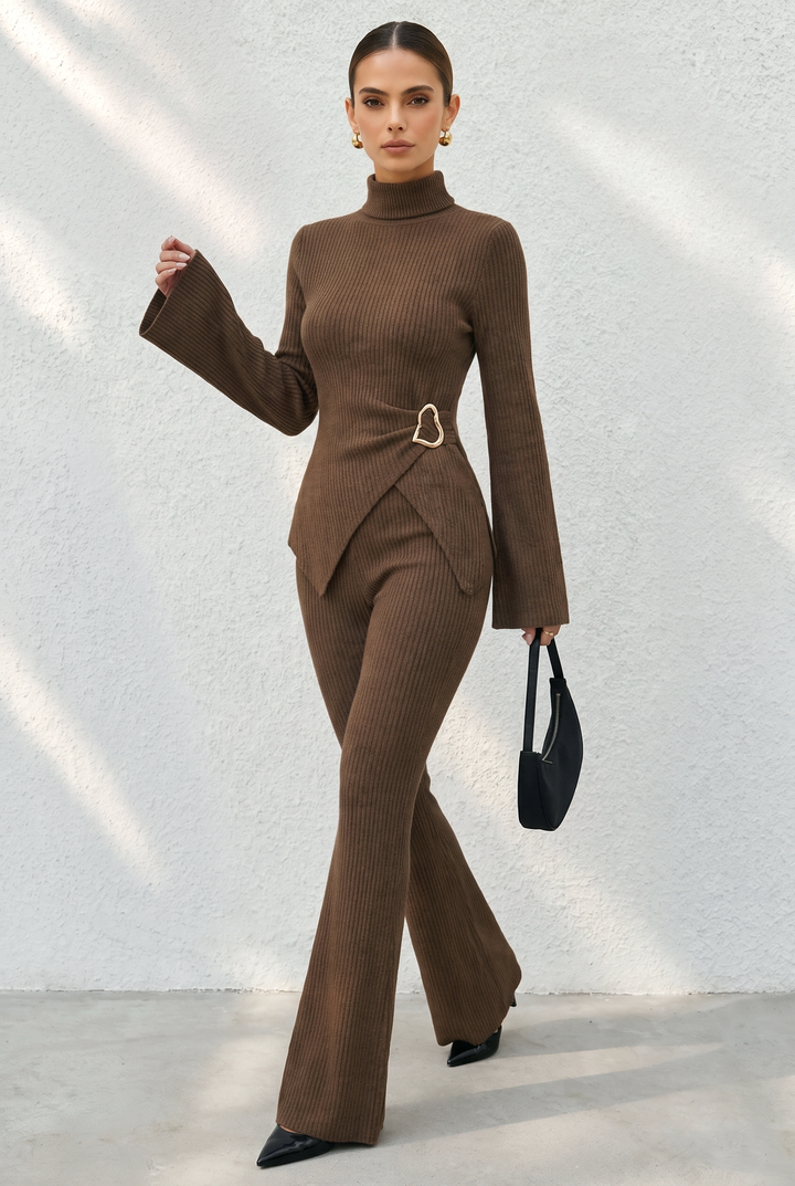 Asymmetric Buckle Ribbed Knit Matching Pant Set