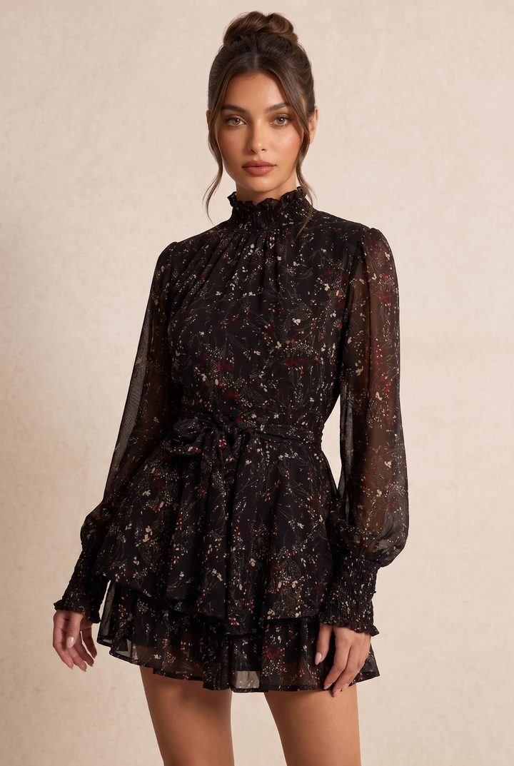 Floral Chiffon Long Sleeve Tiered Mini Dress