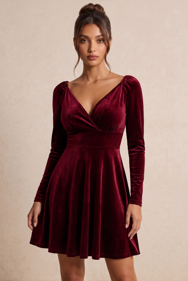 Burgundy V-Neck Velvet Midi Party Dress