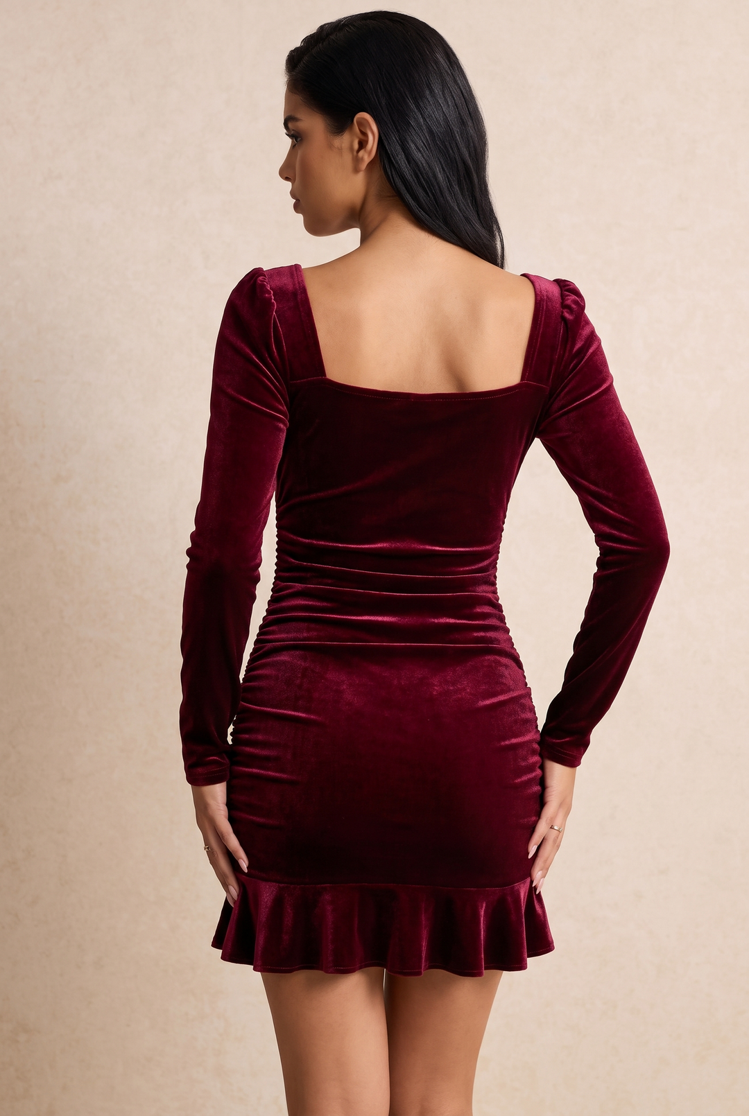 Square Neck Velvet Long Sleeve Ruched Mini Dress