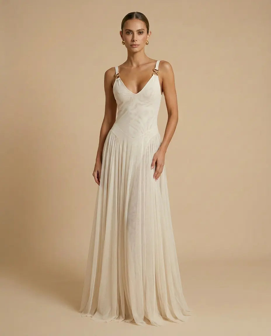 SOLACE  White V-Neck Gold Hardware Backless Pleated Maxi Dress 
