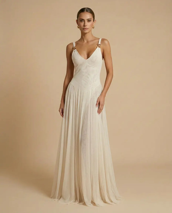 SOLACE  White V-Neck Gold Hardware Backless Pleated Maxi Dress 