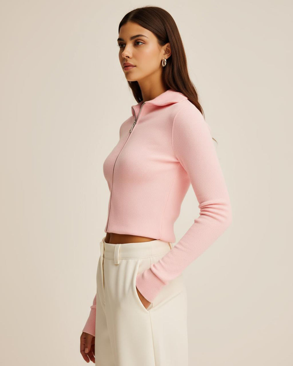 Zipper Long-Sleeve Cropped Knit Top SOLACE