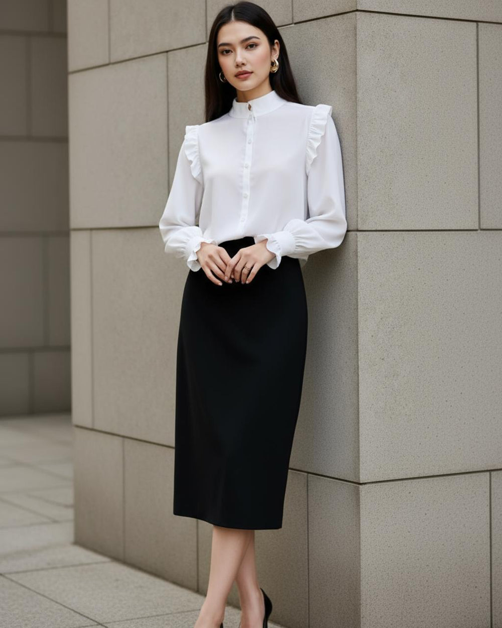 Stand Collar Ruffled Long-Sleeve Shirt SOLACE