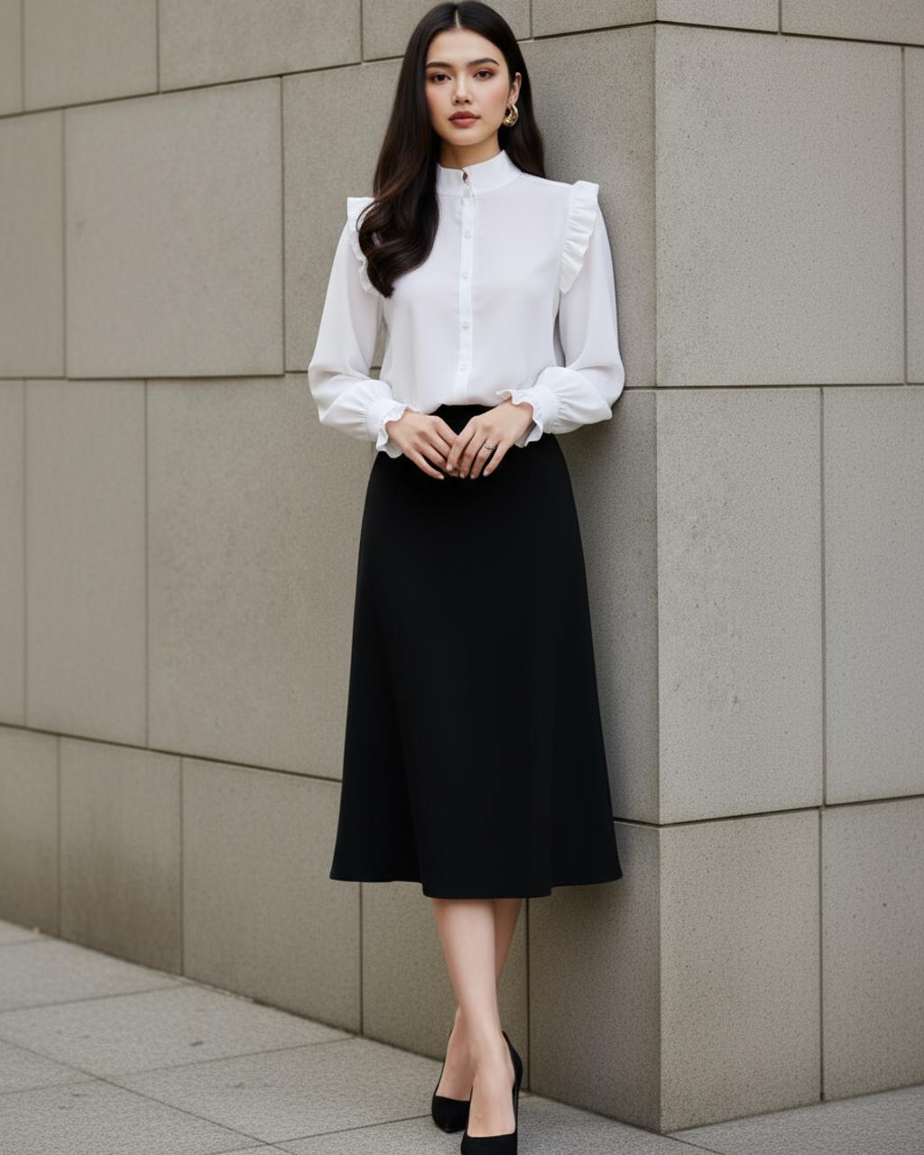 Stand Collar Ruffled Long-Sleeve Shirt SOLACE
