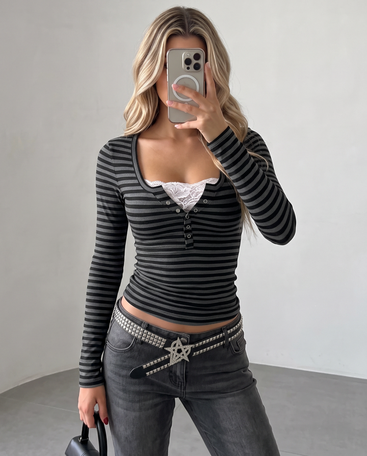 Button Front Striped Long Sleeve Crop Top