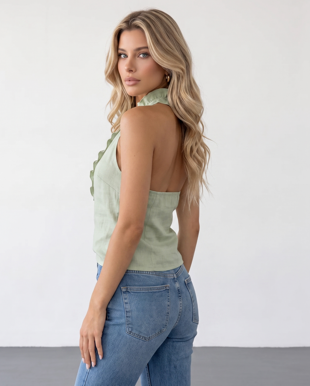 SOLACEWhite Sleeveless Halter Neck Ruffle Trim Button Front Blouse