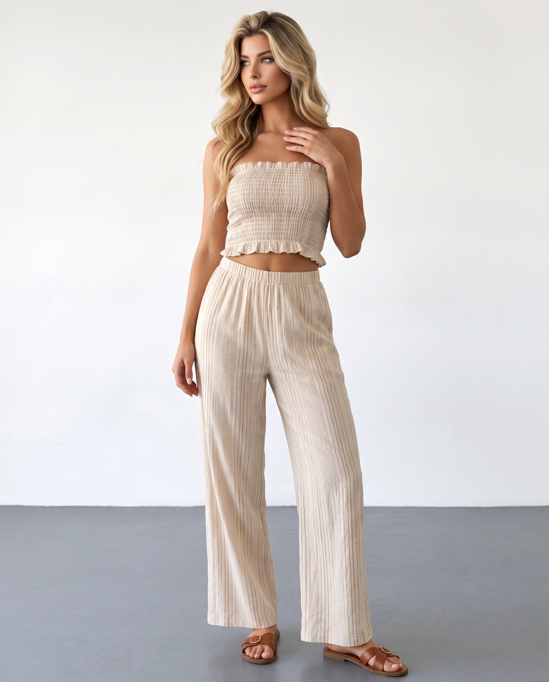SOLACEBeige Smocked Strapless Crop Top Ribbed Wide Leg Pants Set