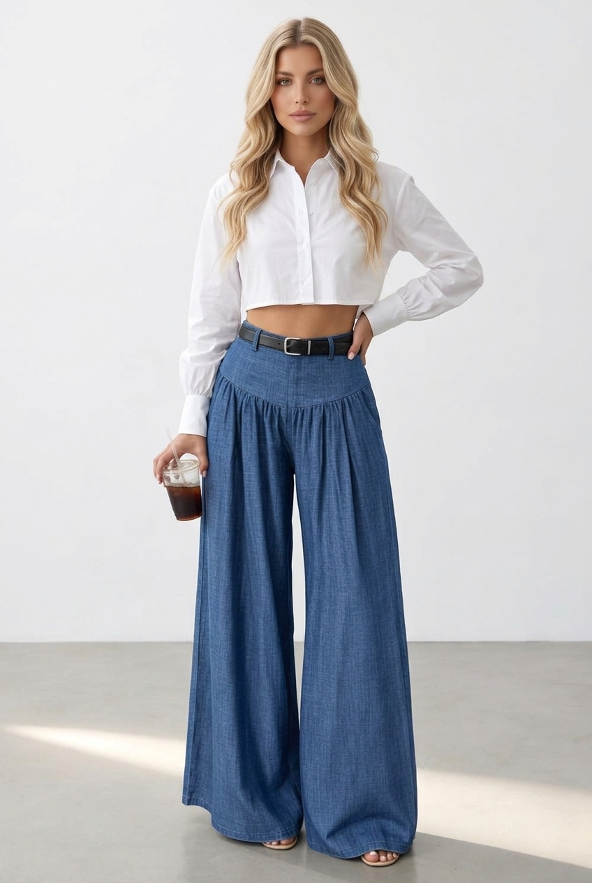 High Waist Gathered Wide Leg Denim Look Pants