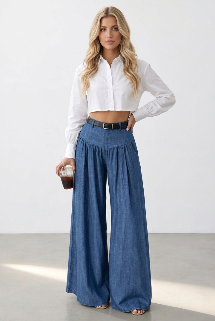 High Waist Gathered Wide Leg Denim Look Pants