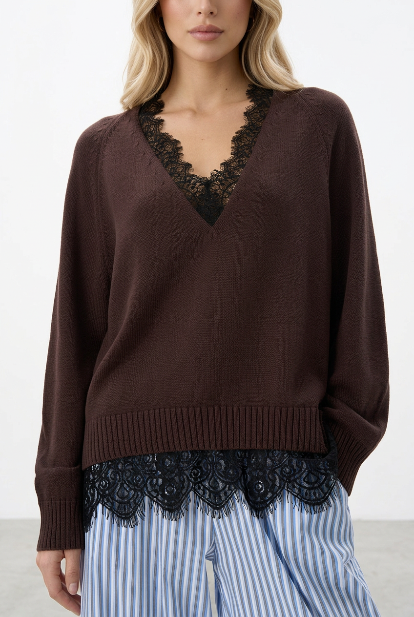 Lace Trim V-Neck Loose Knit Pullover Sweater