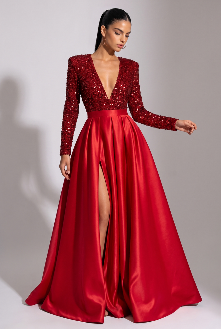 SOLACESequin Bodice Satin Split Long Sleeve Evening Dress