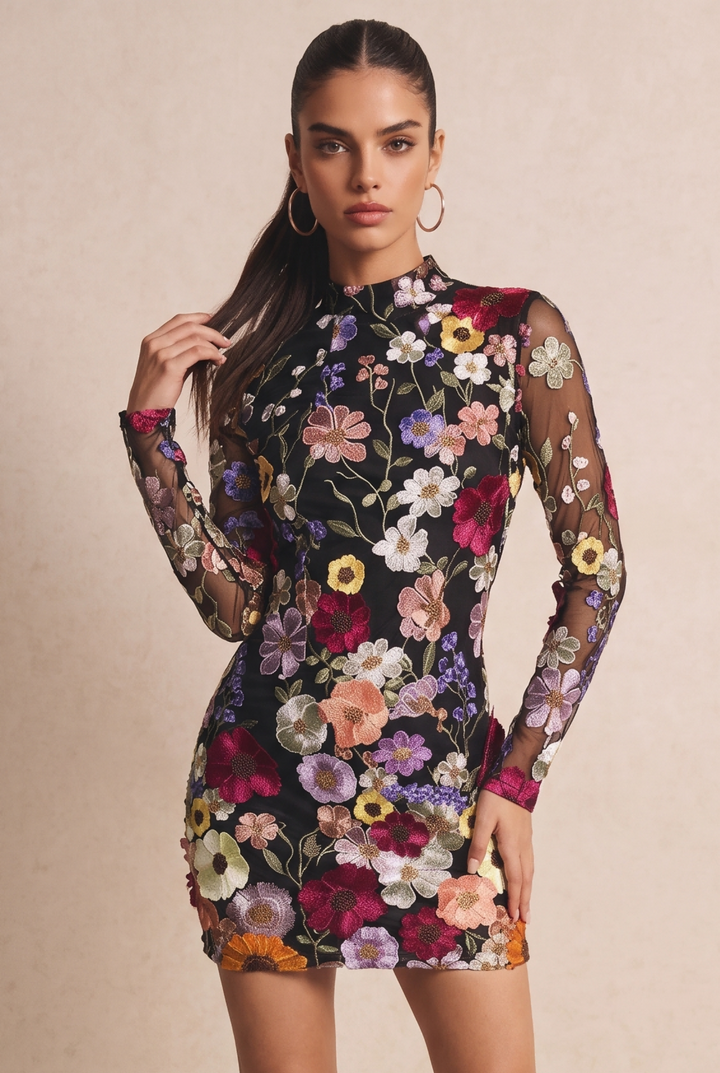 SOLACE CHICFloral Embroidered Sheer Mesh Open Back Mini Dress