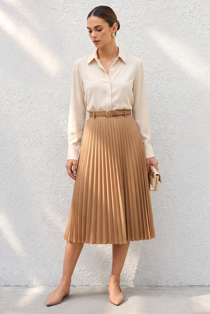 Solid Color Button Blouse A-line Pleated  Dress