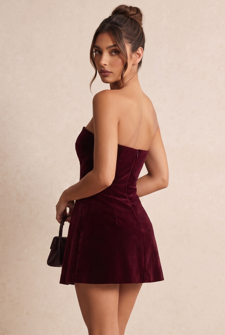 Burgundy Velvet Strapless A-Line Mini Dress