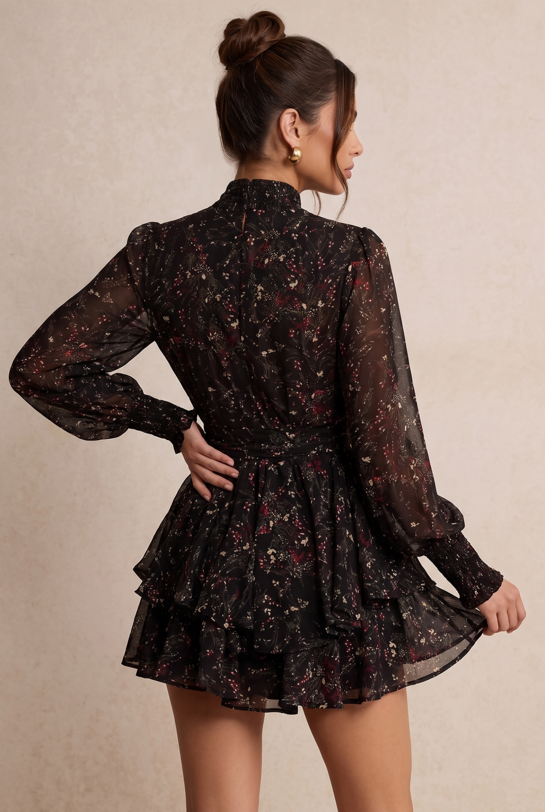 Floral Chiffon Long Sleeve Tiered Mini Dress