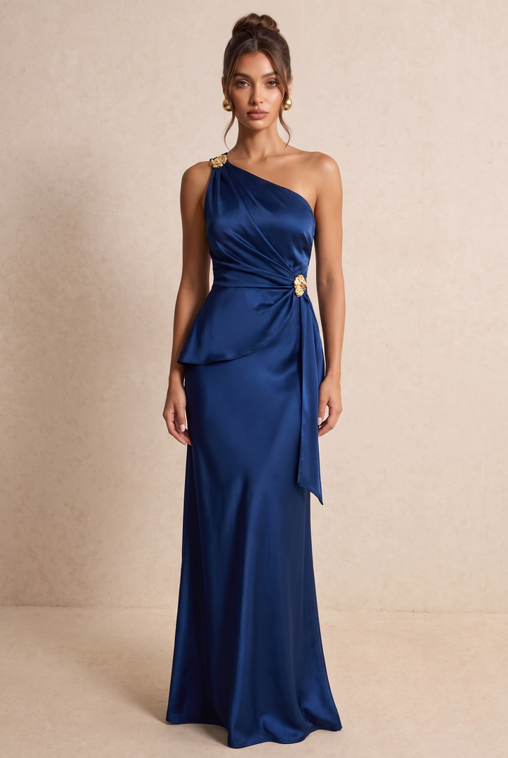 Elegant Satin One Shoulder Metal Flower Detail Maxi Evening Dress