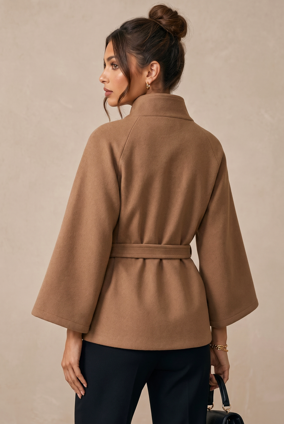 Stand Collar Belted Flare Sleeve Wool Blend Coat