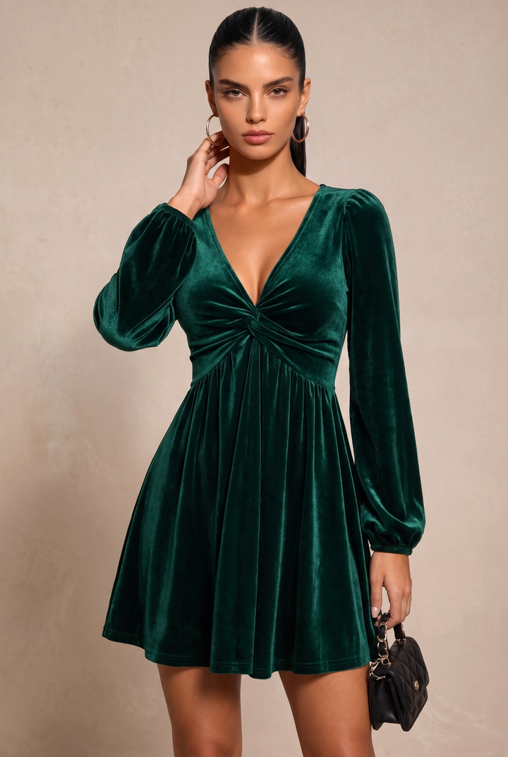 Green Velvet V-Neck Twist Front Long Sleeve Mini Dress