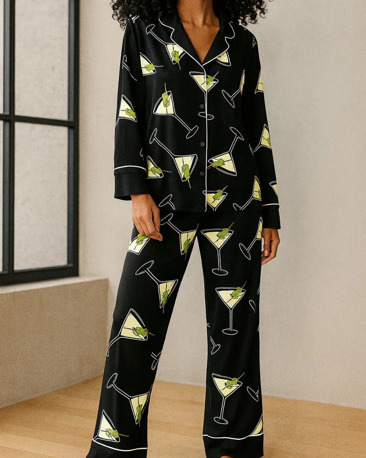 SOLACE CHICBlack Martinis Olives Print Pajama Set