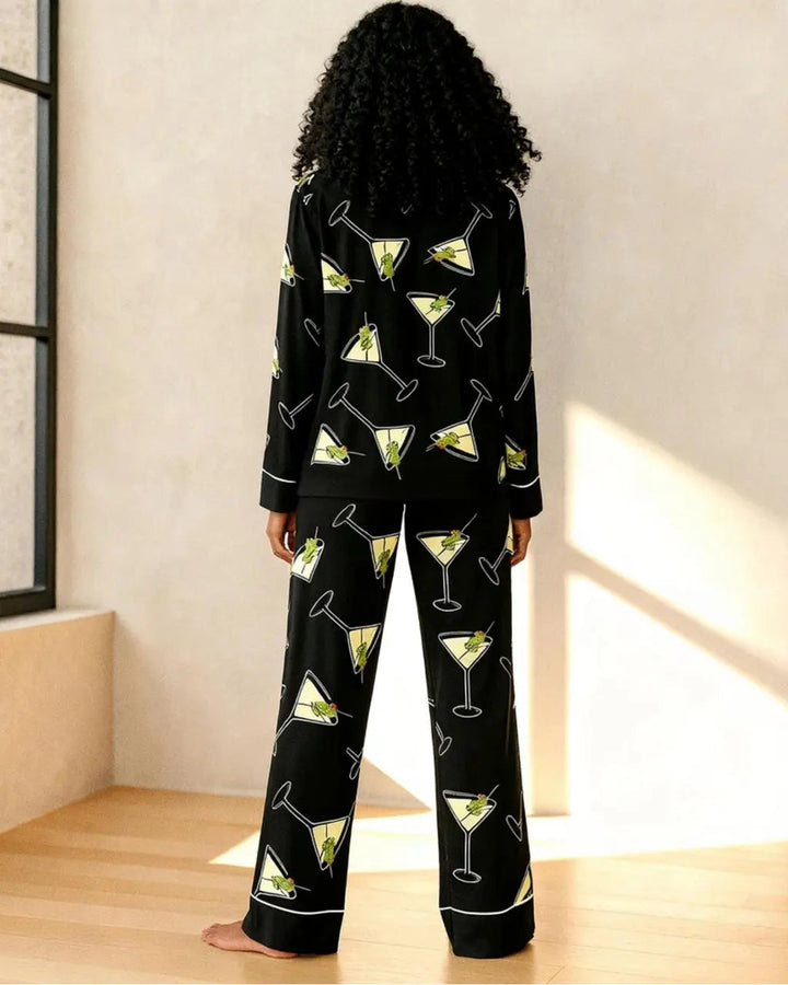SOLACE CHICBlack Martinis Olives Print Pajama Set