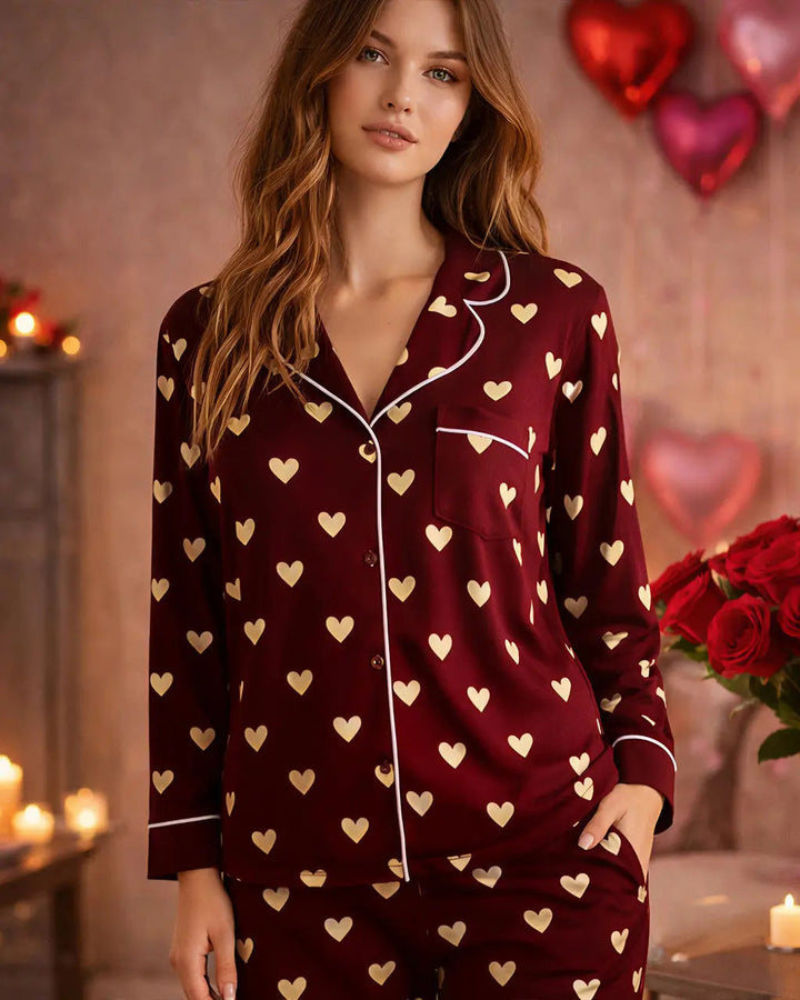 SOLACE CHICRed Soild Heart Print Pajama Set