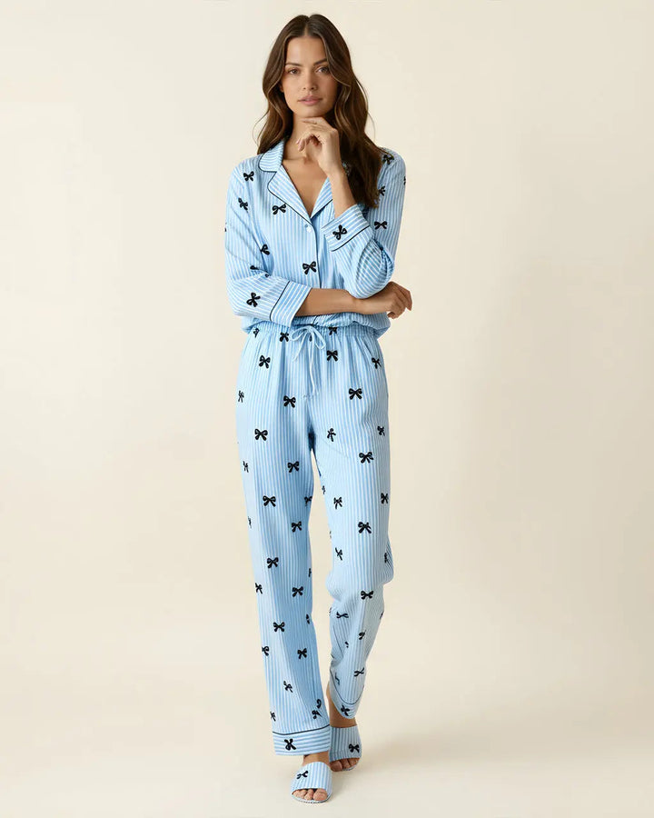 SOLACE CHICStripe Bow Print Long Pajama Set