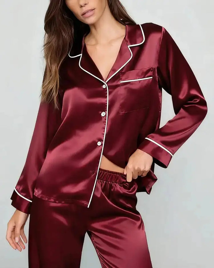 SOLACE CHICComfy Solid Red Satin Pajama Set