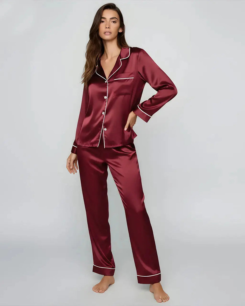 SOLACE CHICComfy Solid Red Satin Pajama Set