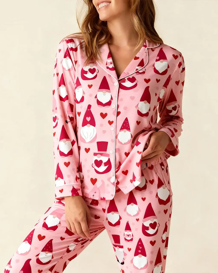 Valentines Gnome Heart Print Pajama Set
