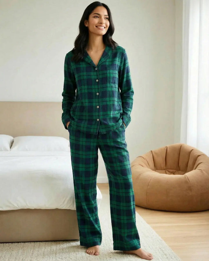 SOLACE CHICClassic Green Scotch Plaid Pajama Set