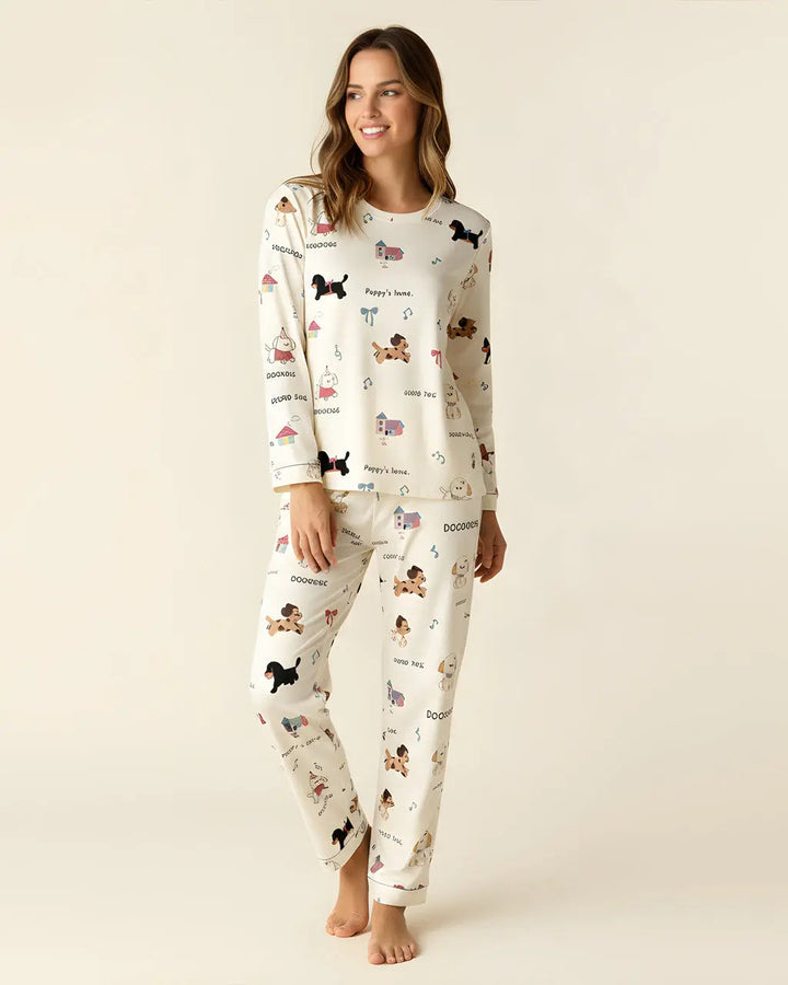SOLACE CHICAdorable Puppy Bow Pattern Pajama Set