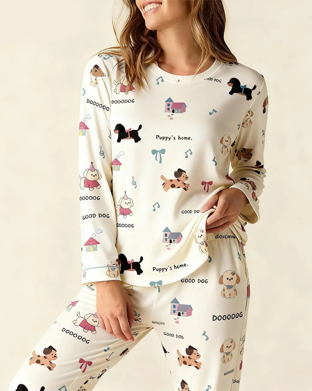 SOLACE CHICAdorable Puppy Bow Pattern Pajama Set