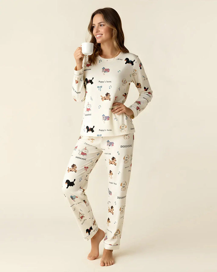 SOLACE CHICAdorable Puppy Bow Pattern Pajama Set