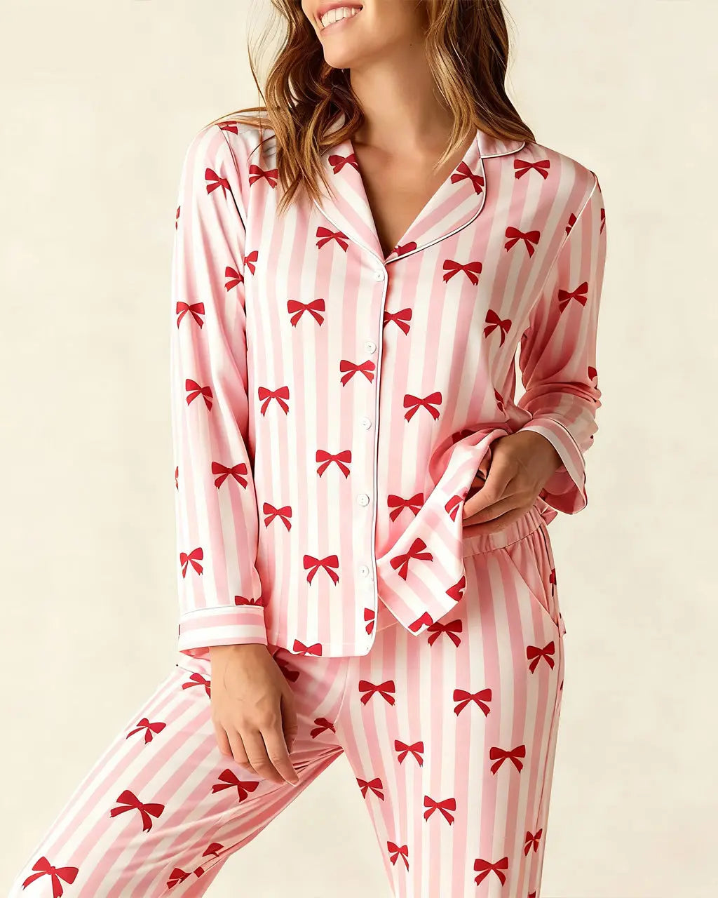 SOLACE CHICRed Coquette Bows Stripe Pajama Set