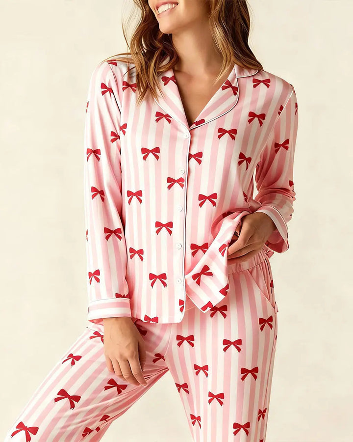 SOLACE CHICRed Coquette Bows Stripe Pajama Set