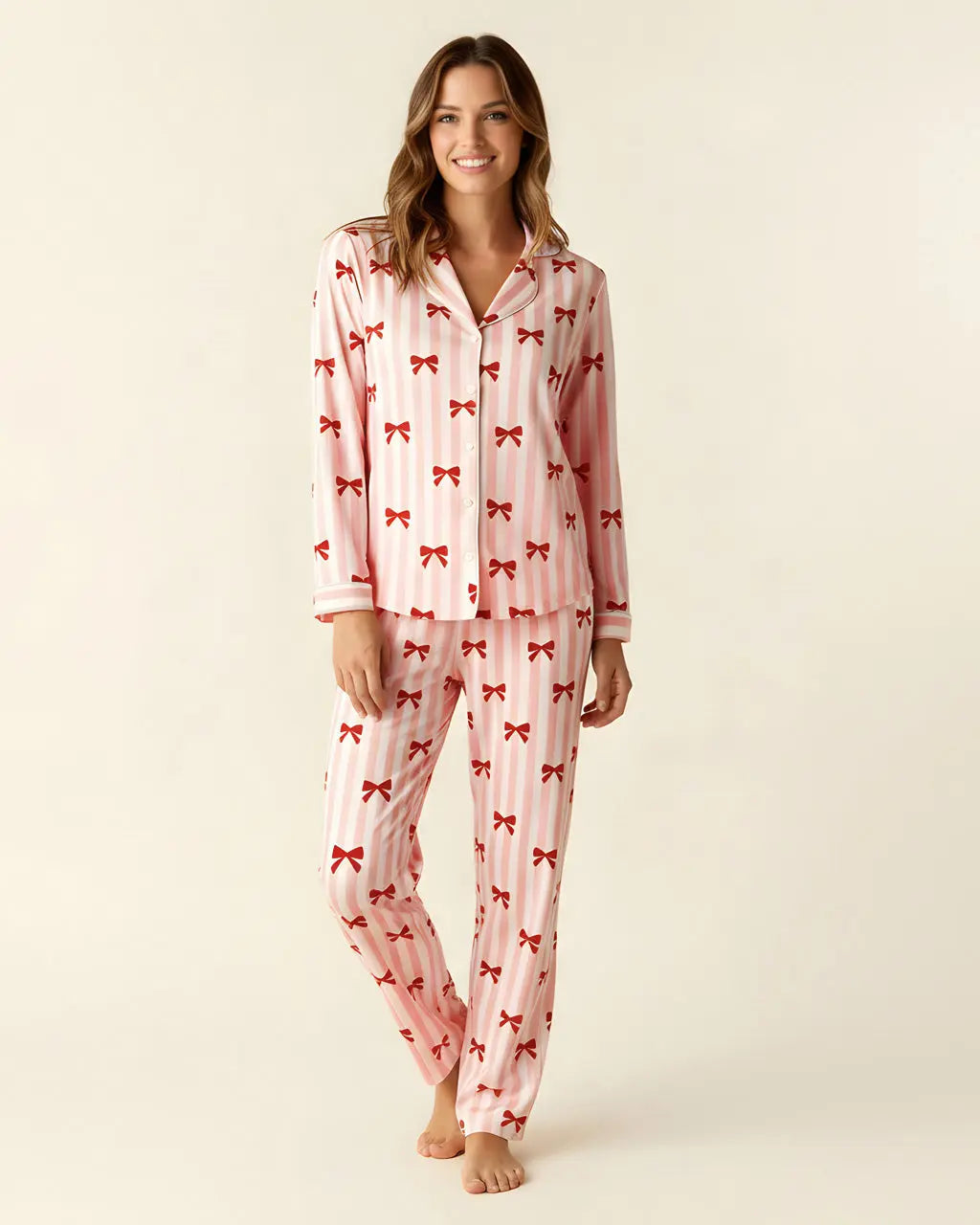 SOLACE CHICRed Coquette Bows Stripe Pajama Set