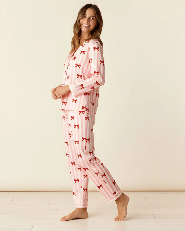 SOLACE CHICRed Coquette Bows Stripe Pajama Set