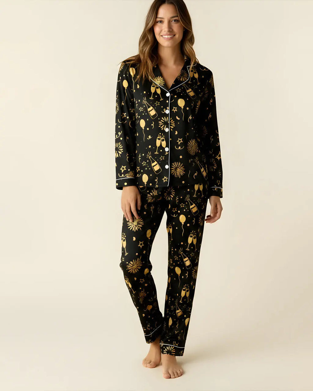 SOLACE CHICChampagne Firework Print Pajama Set