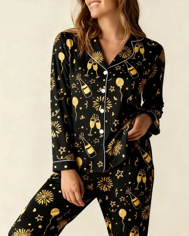 SOLACE CHICChampagne Firework Print Pajama Set