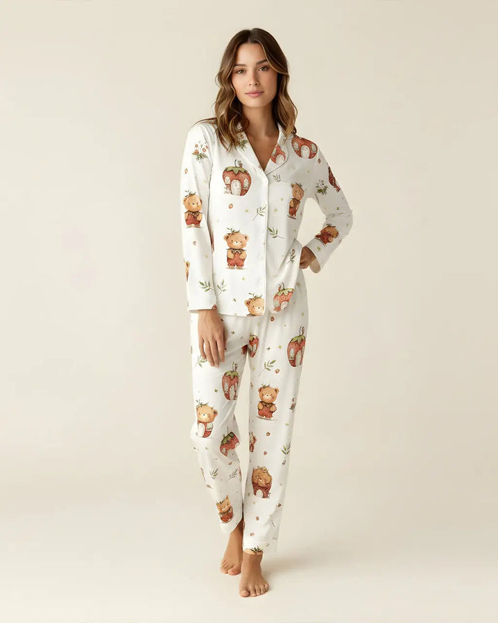 SOLACE CHICStrawberry House Bear Print Pajama Set