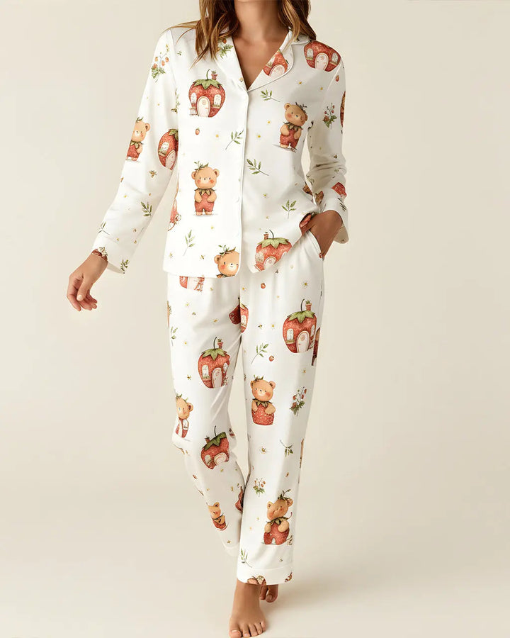SOLACE CHICStrawberry House Bear Print Pajama Set