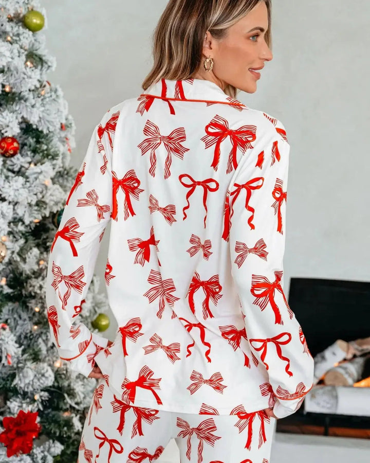 SOLACE CHICButtery Soft Red Bow Print Pajama Set