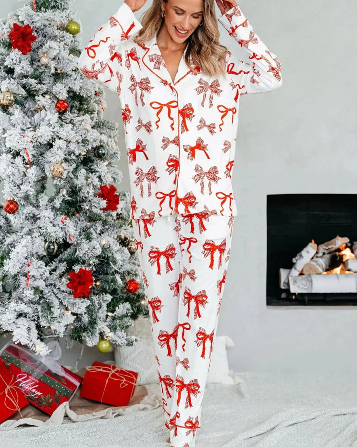 SOLACE CHICButtery Soft Red Bow Print Pajama Set