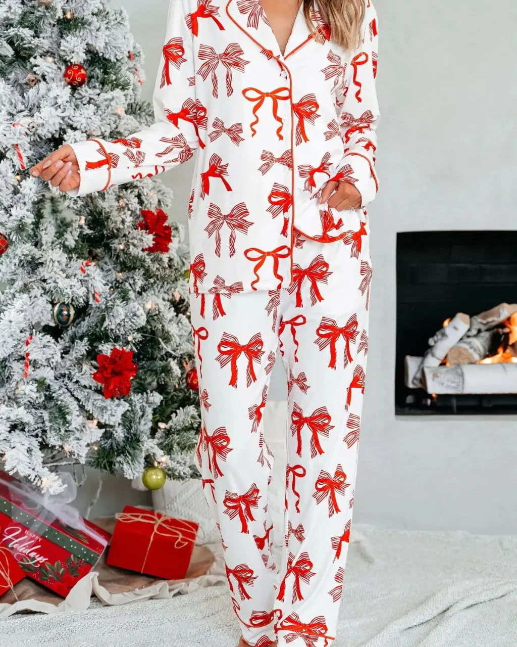 SOLACE CHICButtery Soft Red Bow Print Pajama Set