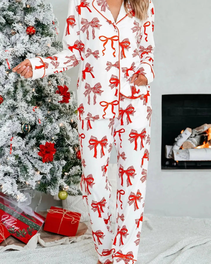 SOLACE CHICButtery Soft Red Bow Print Pajama Set