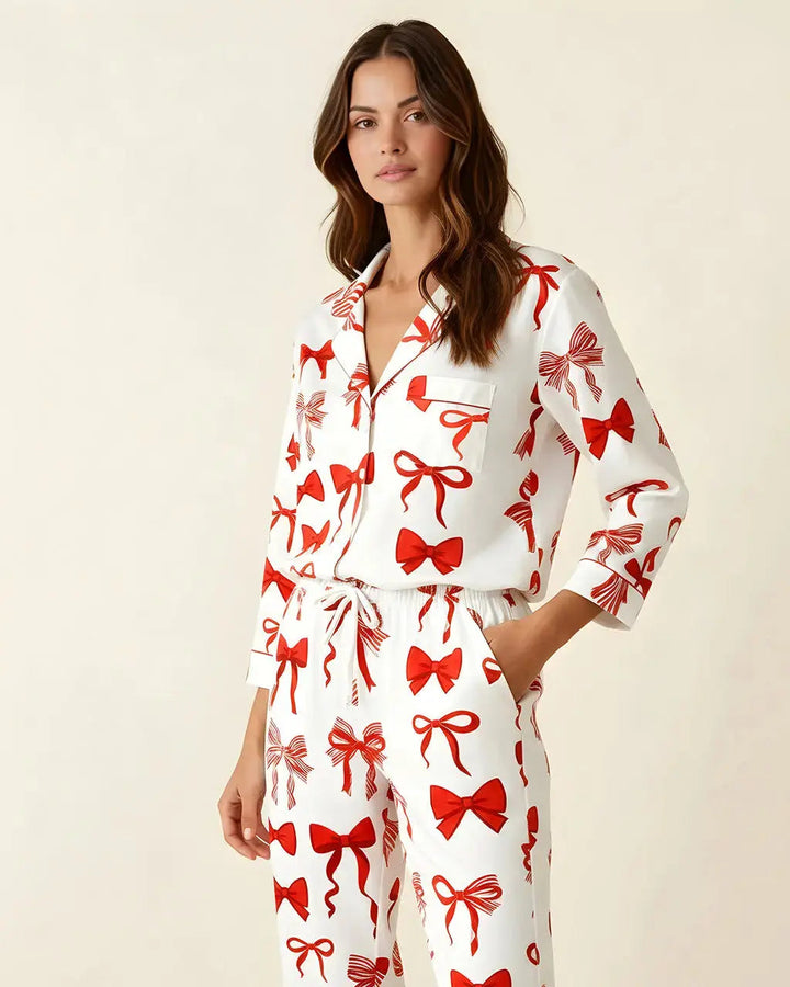 SOLACE CHICButtery Soft Bow Print Pajama Set